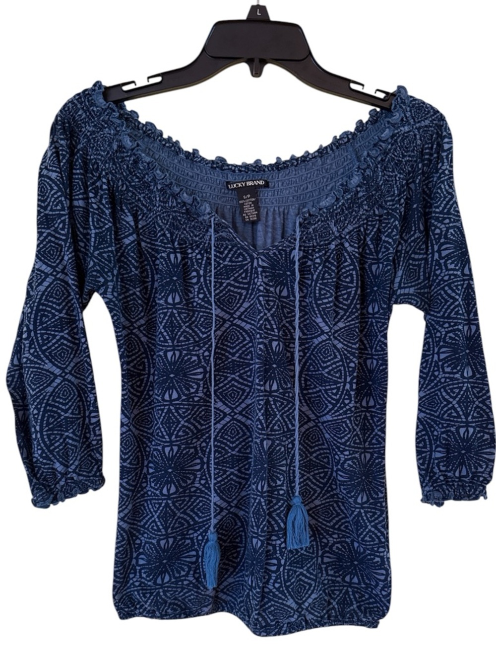 Lucky Brand Blue Printed Peasant Tunic with Tassels, S